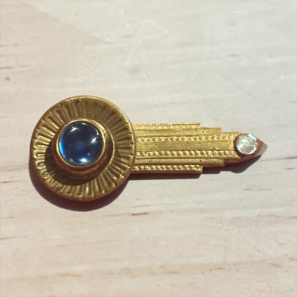 Antique Art Deco Blue Glass Cabochon Brooch Gold Gilt Geometric 1930s